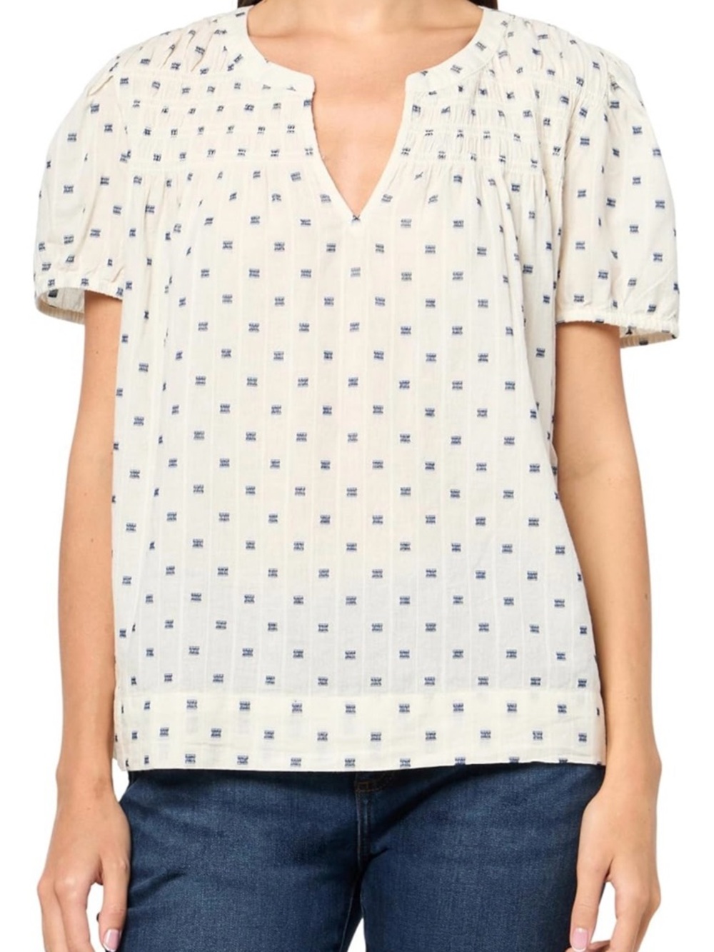 Lucky Brand Cream Short-Sleeve Notch-Neck Printed Women's Top